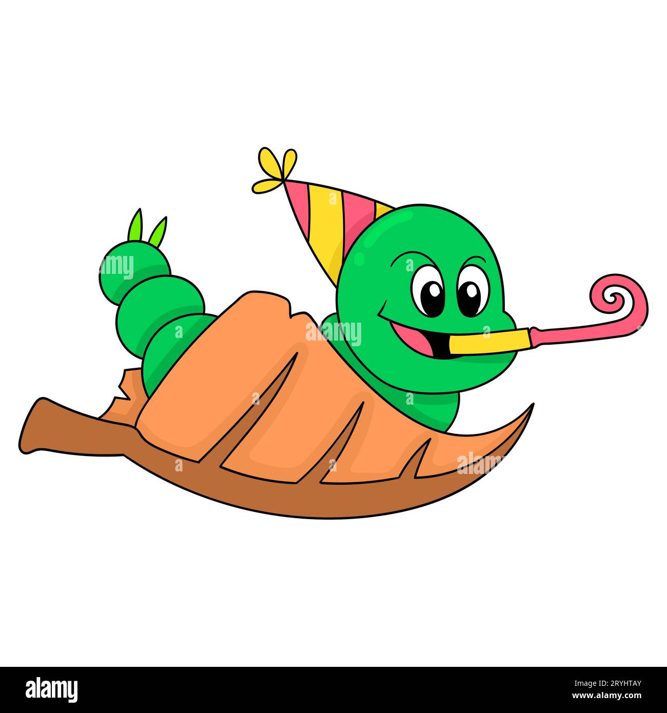 chenille jouant sur les feuilles célébrant une fête d'anniversaire, illustration vectorielle art. doodle icône image kawaii. Banque D'Images