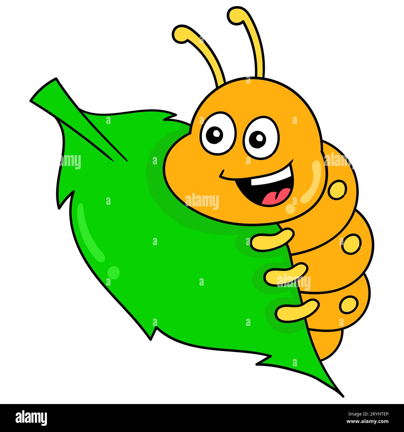 happy face caterpillar jouant sur des feuilles fraîches, illustration vectorielle art. doodle icône image kawaii. Banque D'Images