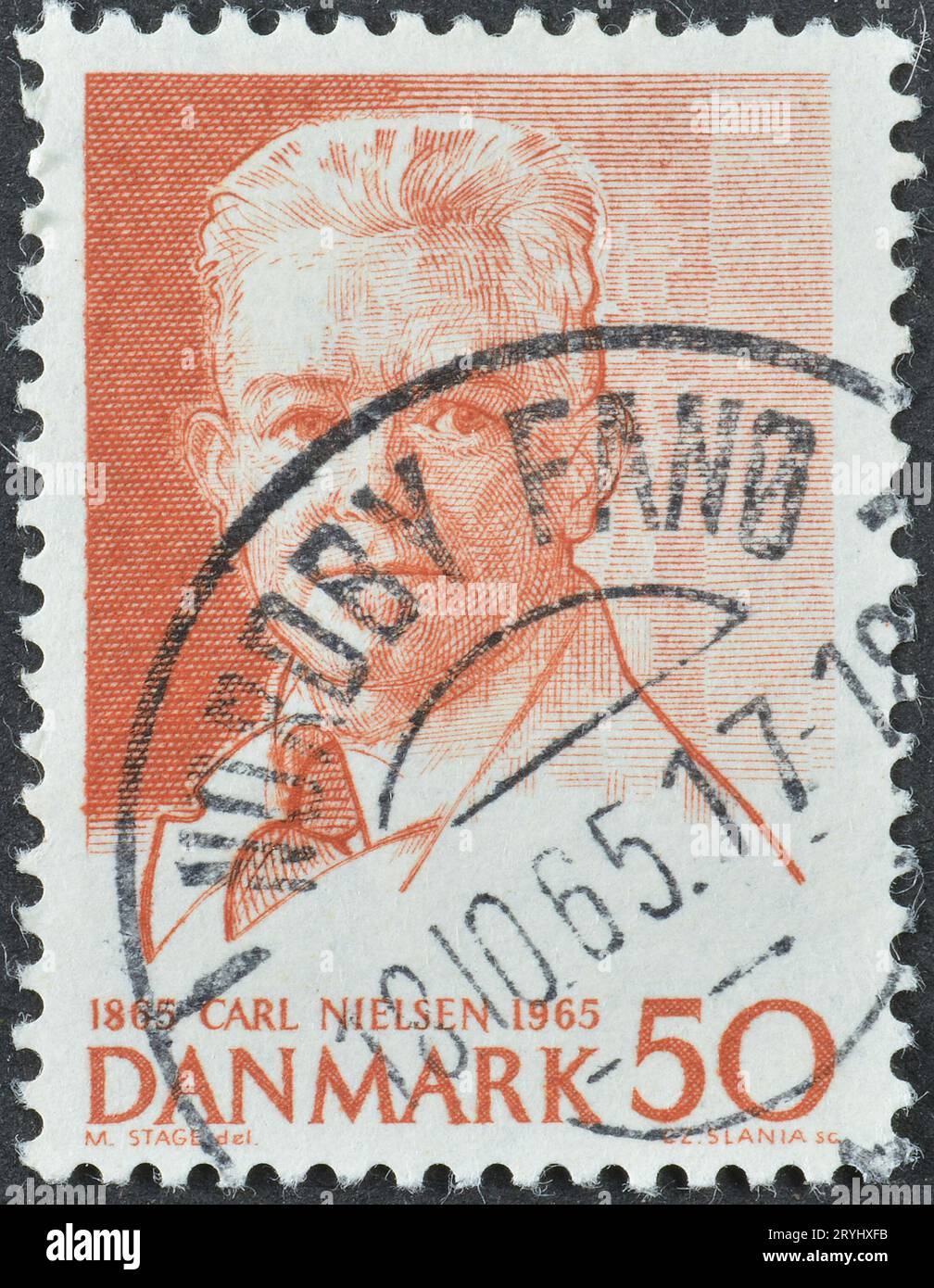 Timbre-poste annulé imprimé par le Danemark, qui montre Carl Nielsen, vers 1965. Banque D'Images