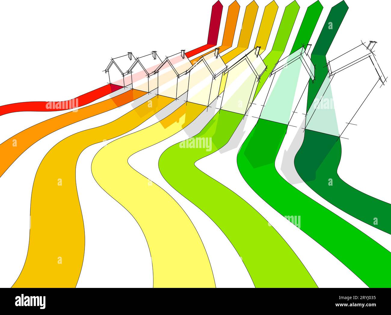 Sept maisons dans le diagramme d'évaluation énergétique Banque D'Images