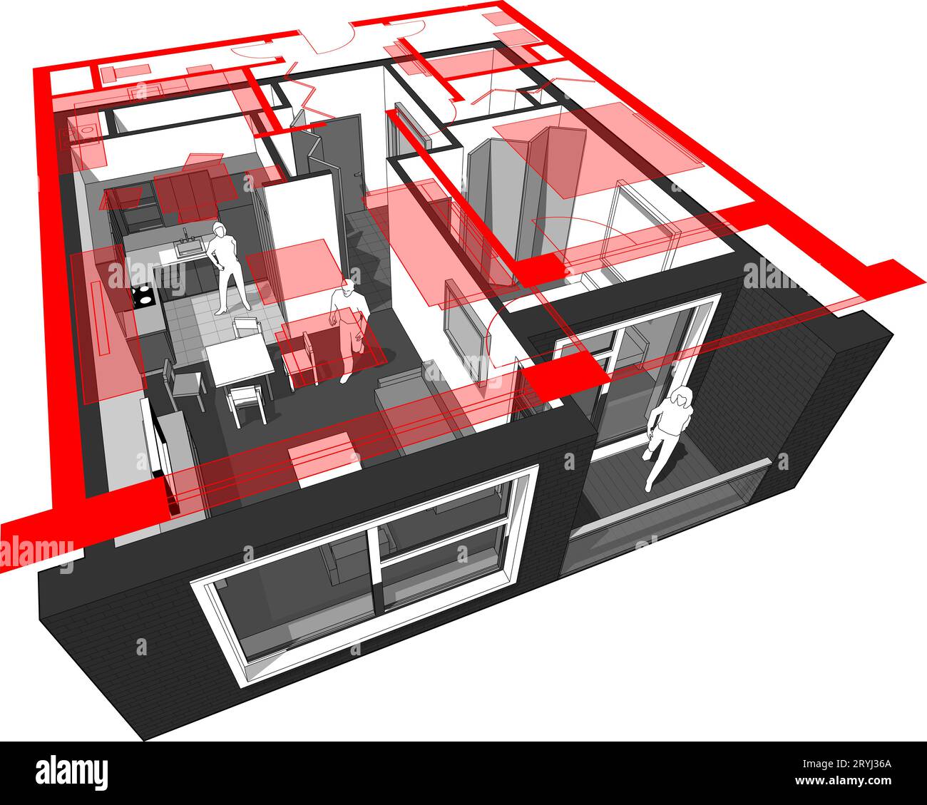 Schéma en coupe perspective de aÂ appartement d'une chambre entièrement meublé Banque D'Images