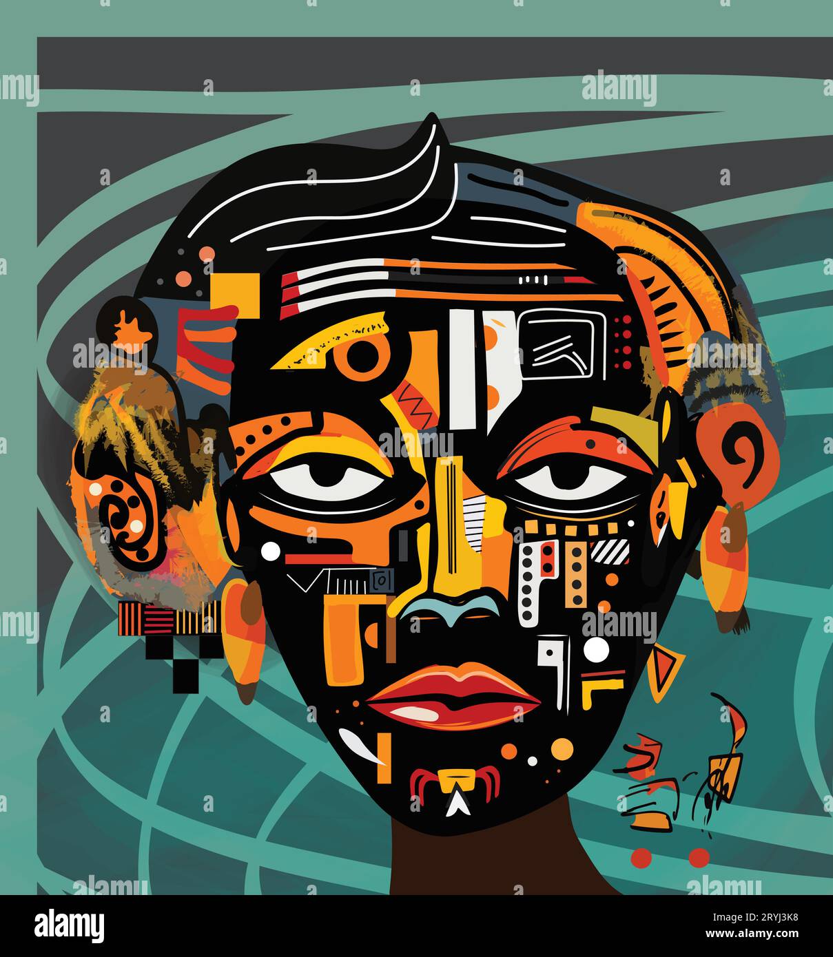 Visage abstrait féminin d'art africain, fond de tourbillon sarcelle Illustration de Vecteur