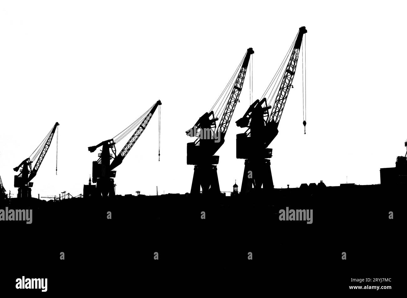 Silhouettes de grues dans le port maritime Banque D'Images