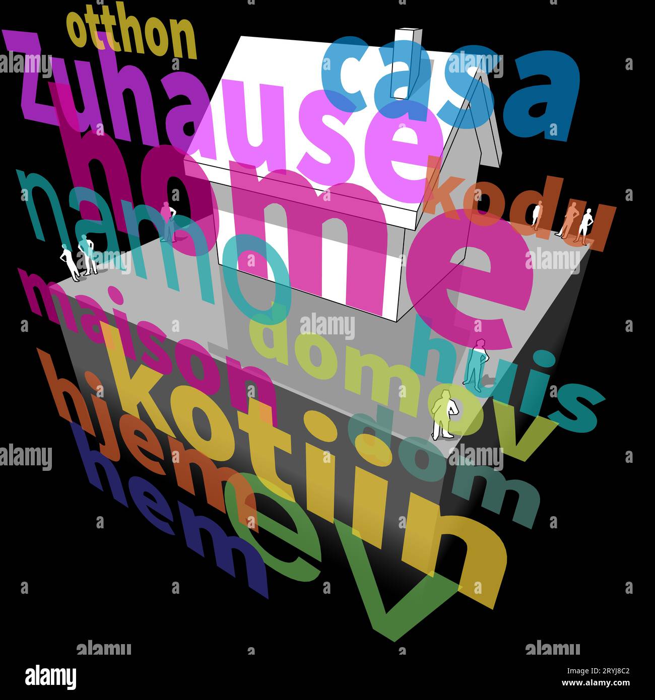 Illustration 3d du diagramme de maison de aÂ maison individuelle avec mot HOME dans de nombreuses langues devant elle Banque D'Images