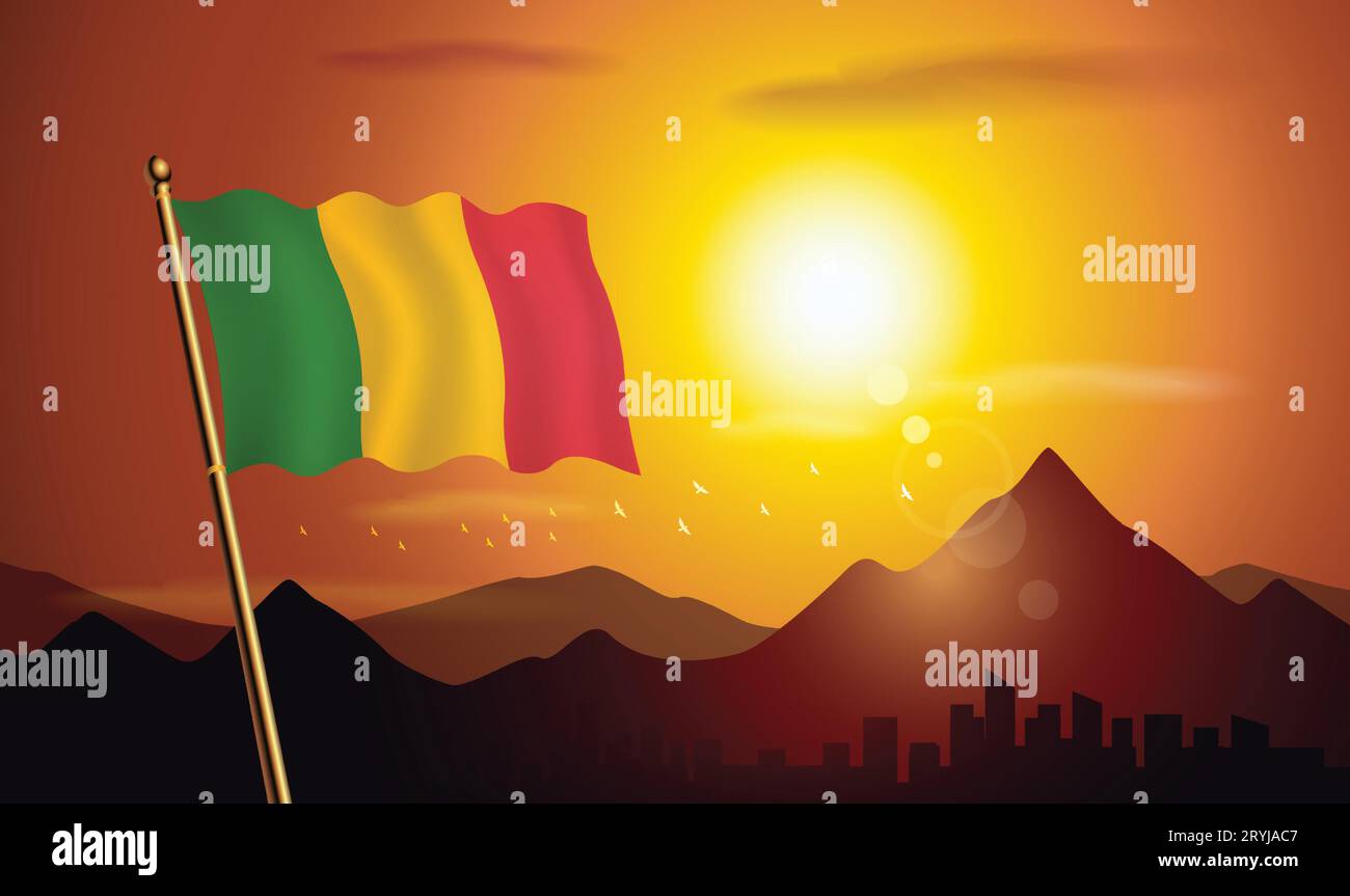 Drapeau du Mali avec fond de coucher de soleil des montagnes et des lacs Illustration de Vecteur