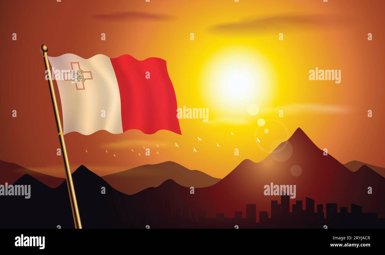 Drapeau de Malte avec fond de coucher de soleil des montagnes et des lacs Illustration de Vecteur