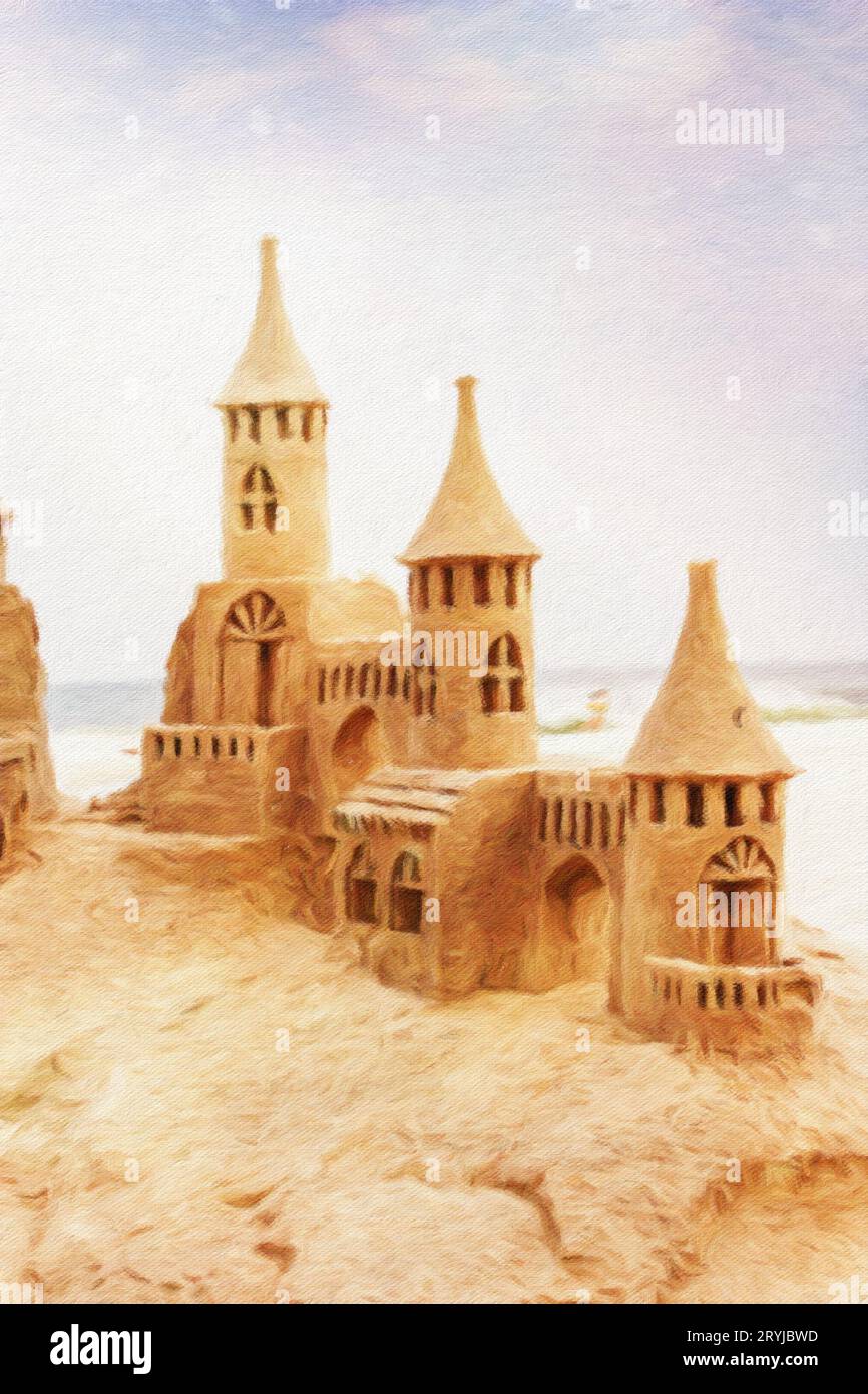 Sendcastles sur une plage ensoleillée avec un ciel bleu. Concept de loisirs, vacances, mémoire nostalgique vintage Banque D'Images
