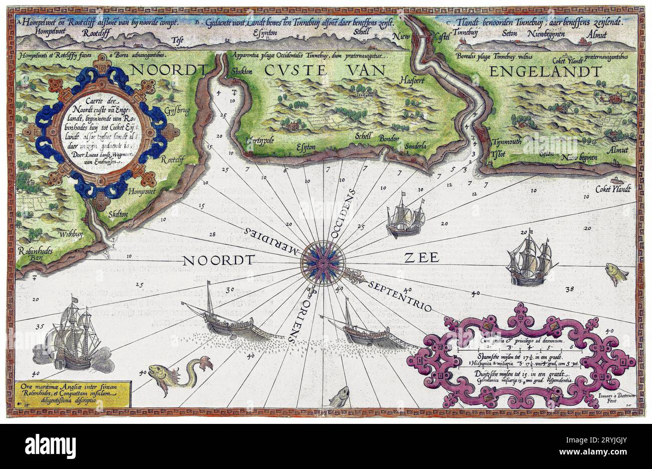 Kaart van de noordkust van Engeland bij Newcastle upon Tyne (1580 ; 1583) de Joannes van Doetechum. Banque D'Images