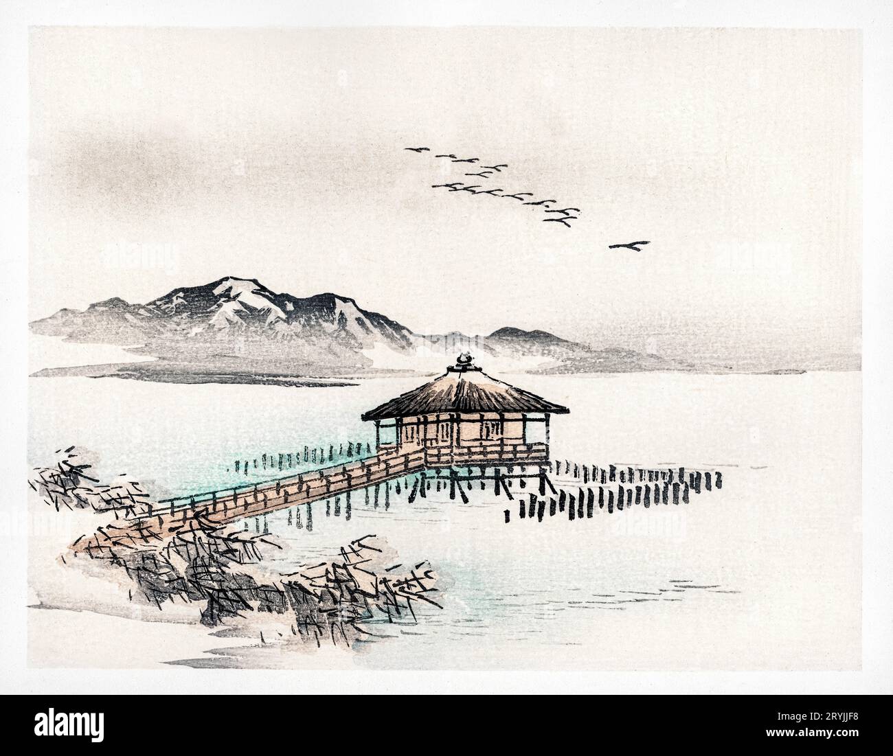 Cottage au bord de la mer par Kono Bairei (1844-1895). Amélioré numériquement à partir de notre propre édition originale de 1913 de Barei Gakan. Banque D'Images