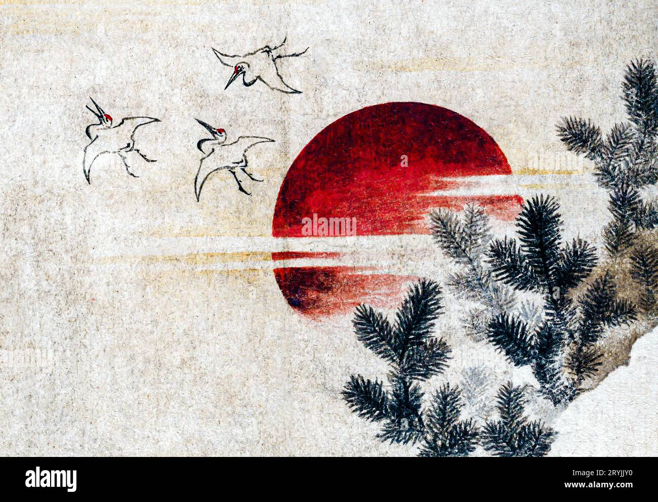 Les oiseaux et le coucher de soleil de Katsushika Hokusai, de Album of Sketches (1814) estampes japonaises vintage sur bois. Banque D'Images