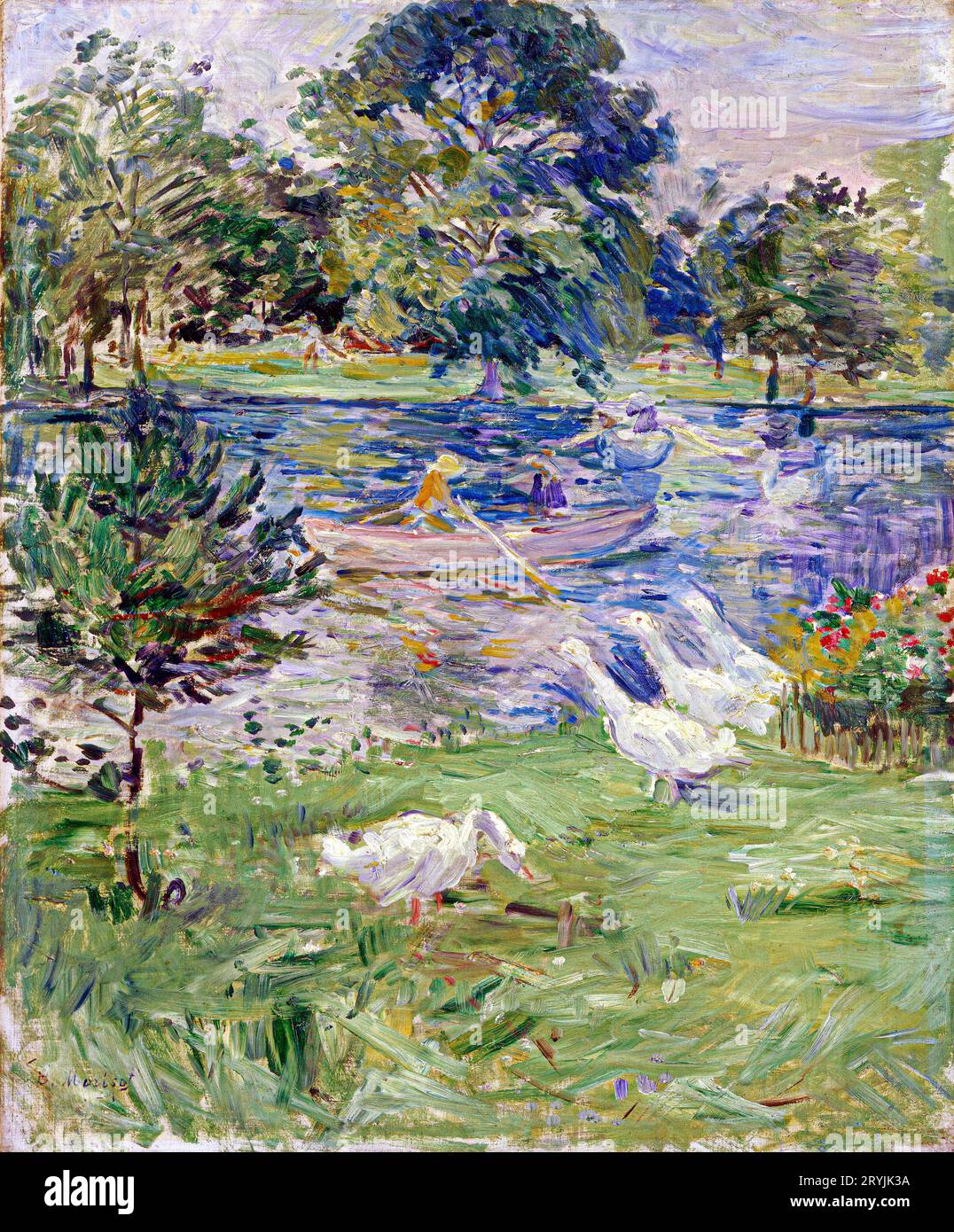 Fille dans un bateau avec peinture d'oies en haute résolution par Berthe Morisot. Banque D'Images