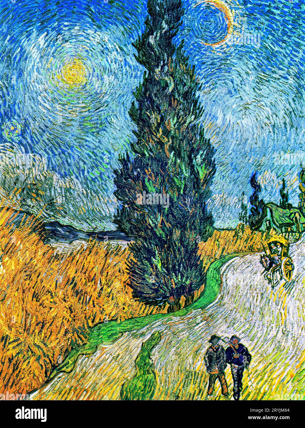 La route de Vincent van Gogh avec Cyprès et Star célèbre peinture. Banque D'Images