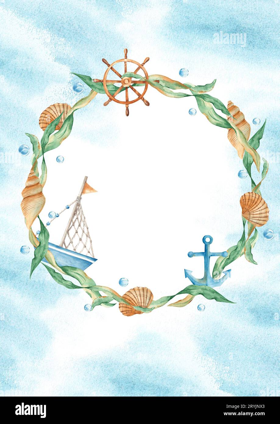 Modèle de carte de mer avec couronne de mer, navire aquarelle mignon, bateau, volant en bois, algues, coquillages, ancre nautique et bulles d'eau, bleu Banque D'Images