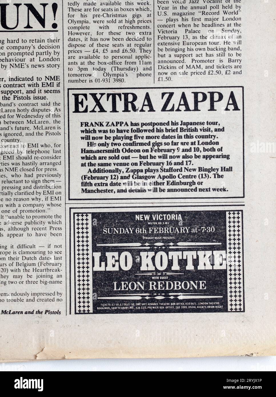 Publicité pour concerts dans le numéro des années 1970 de NME New musical Express Music Paper Banque D'Images