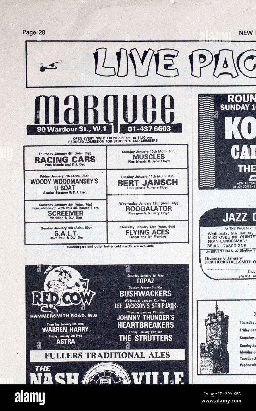 Publicité pour concerts dans le numéro des années 1970 de NME New musical Express Music Paper Banque D'Images