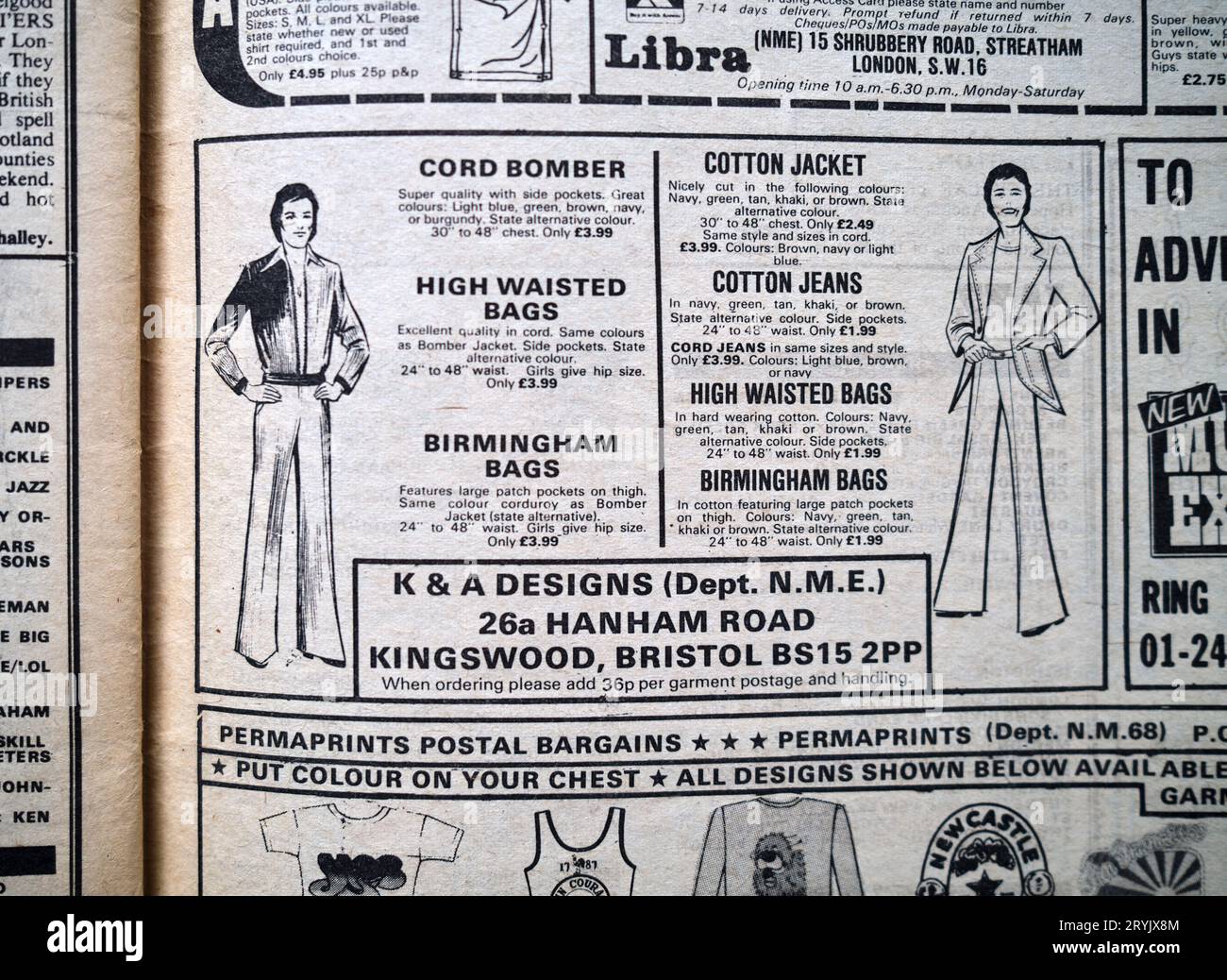Publicité pour vêtements dans le numéro des années 1970 de NME New musical Express Music Paper Banque D'Images