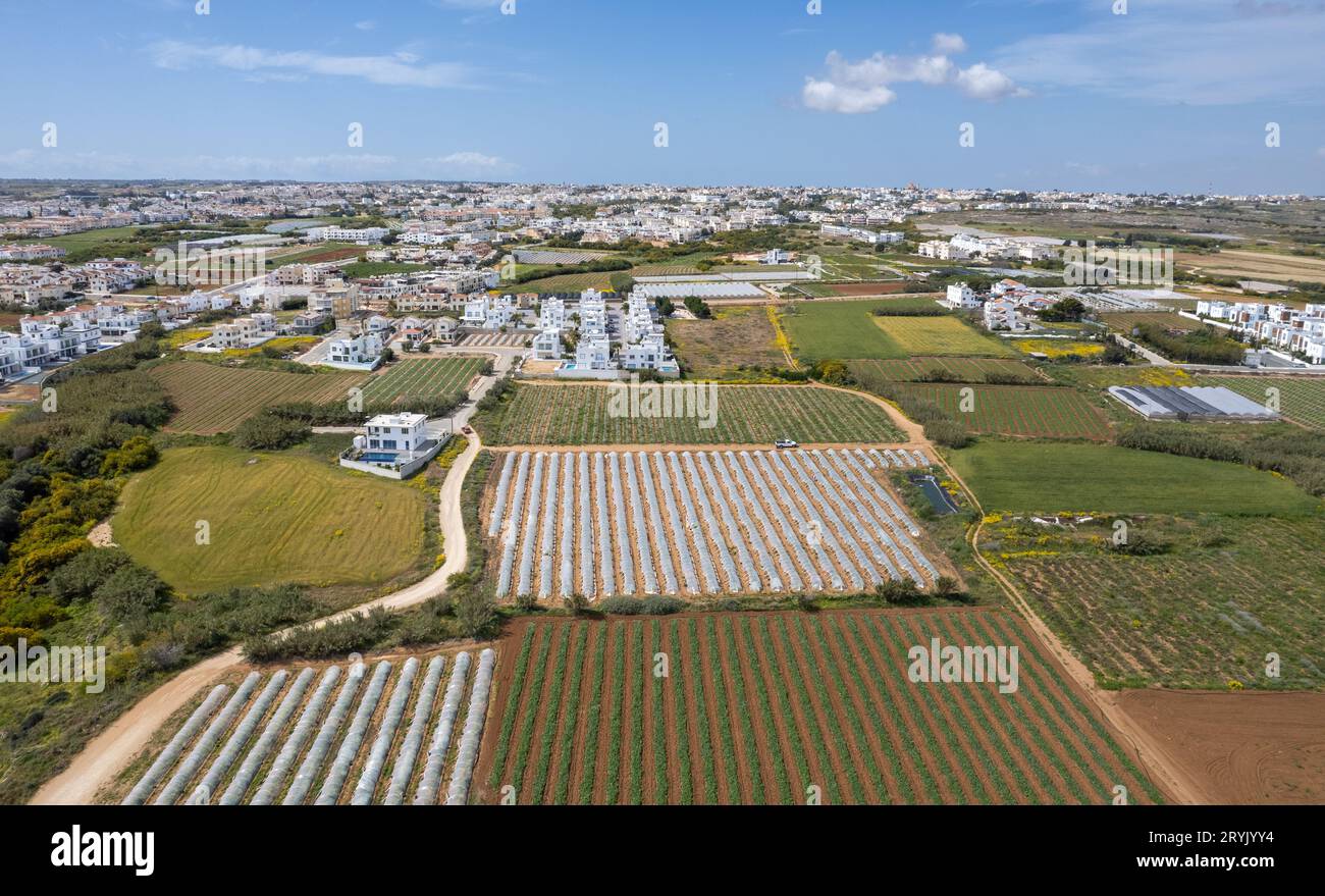 Vue aérienne par drone des serres en rangée, recouvertes d'un film transparent de légumes et de fruits en croissance. Culture alimentaire fa Banque D'Images