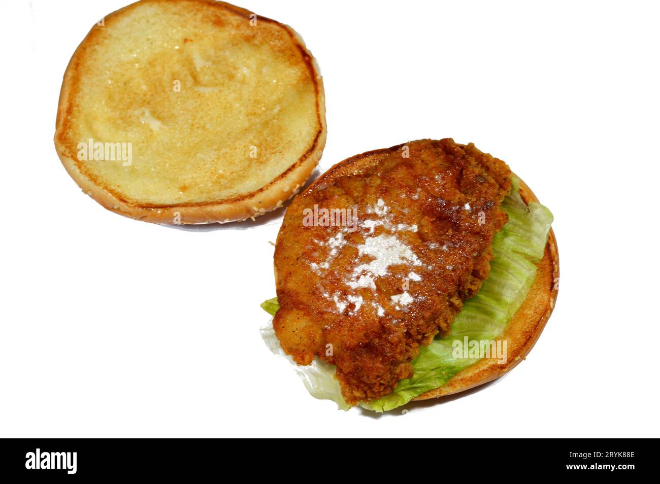 Une délicieuse combinaison de galettes de filet de poulet pané frit, de laitue croustillante, de fromage fondant, d'oignons et de sauce encadrée entre une graine de sésame grillée Banque D'Images