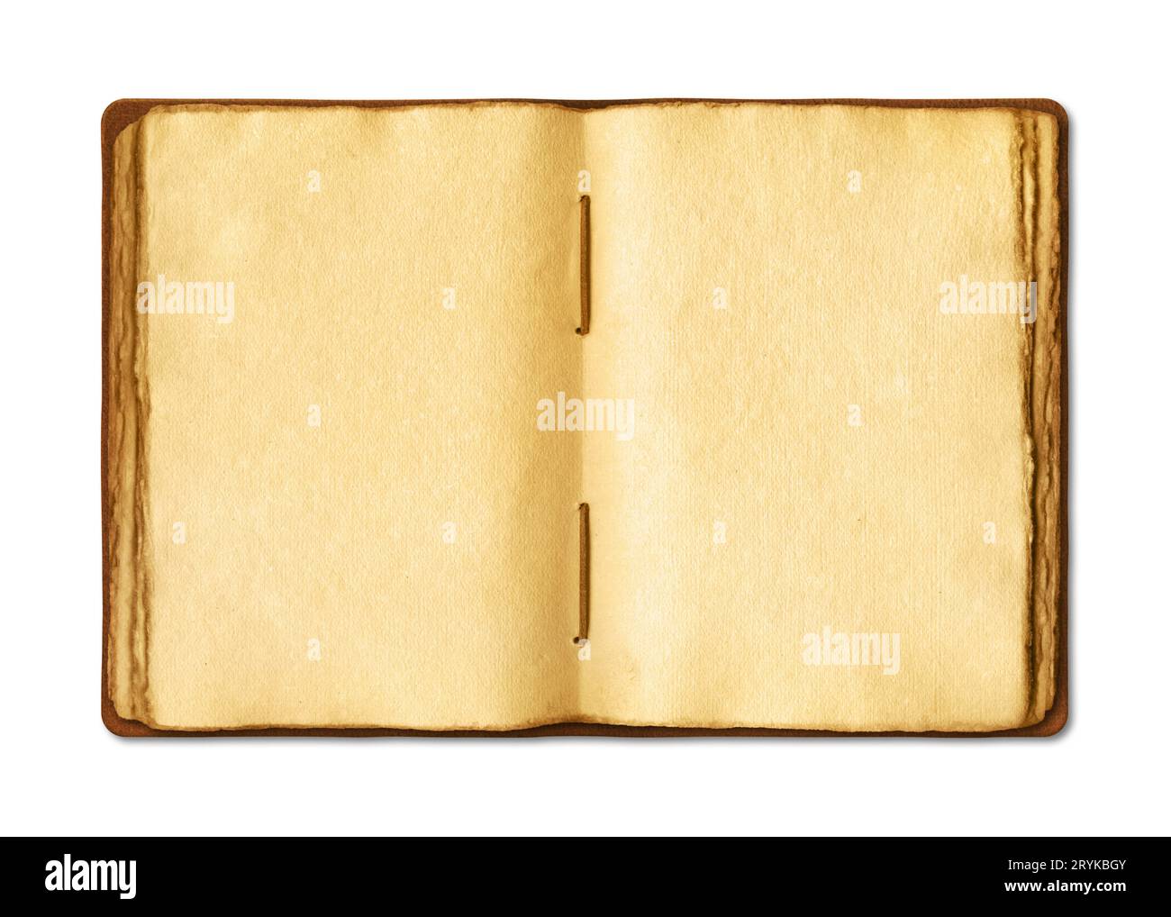 Vieux livre médiéval ouvert avec des pages de parchemin usées. Isolé sur fond blanc Banque D'Images