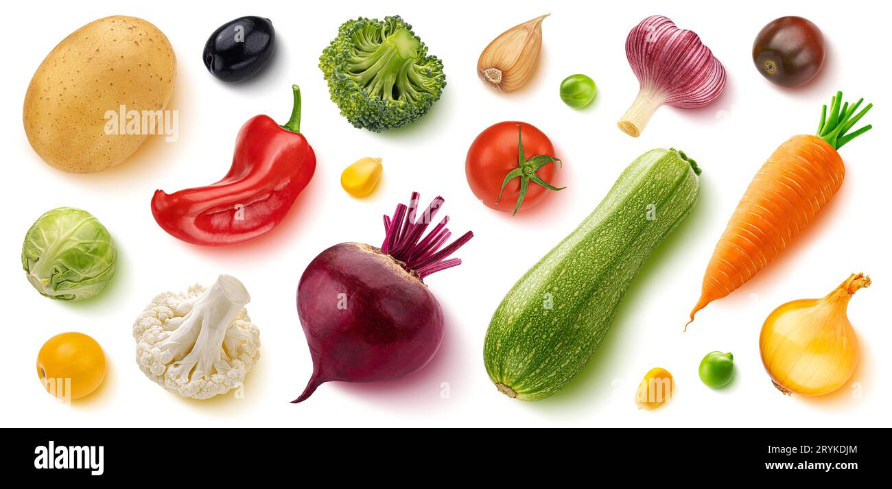 Légumes isolés sur fond blanc, plat, vue de dessus. Mise en page créative. Alimentation saine Banque D'Images