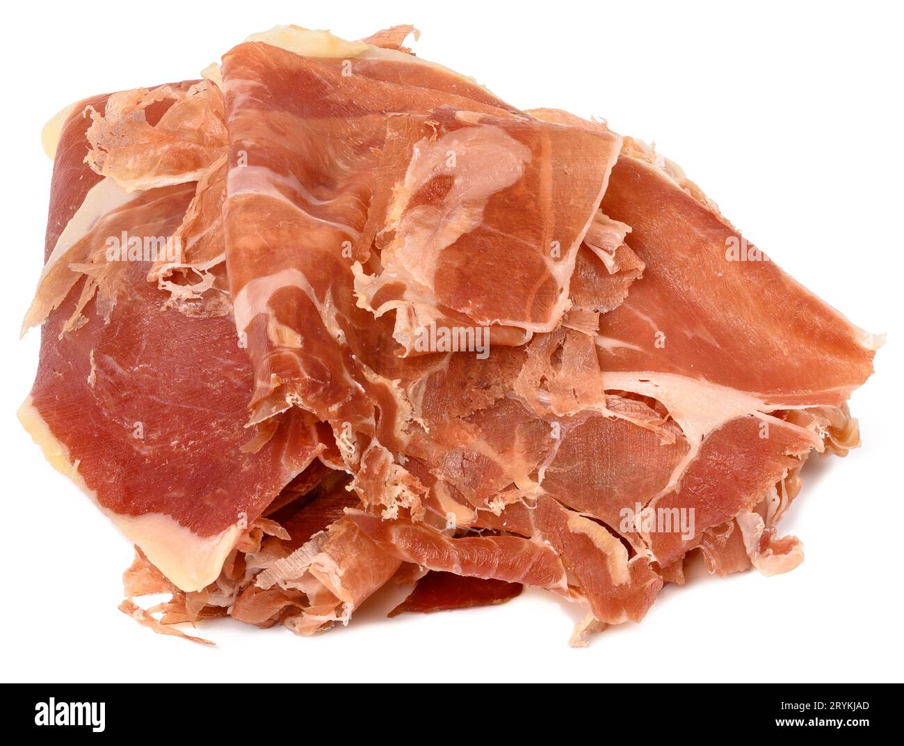Tranches fines de jamon sur fond blanc isolé Banque D'Images