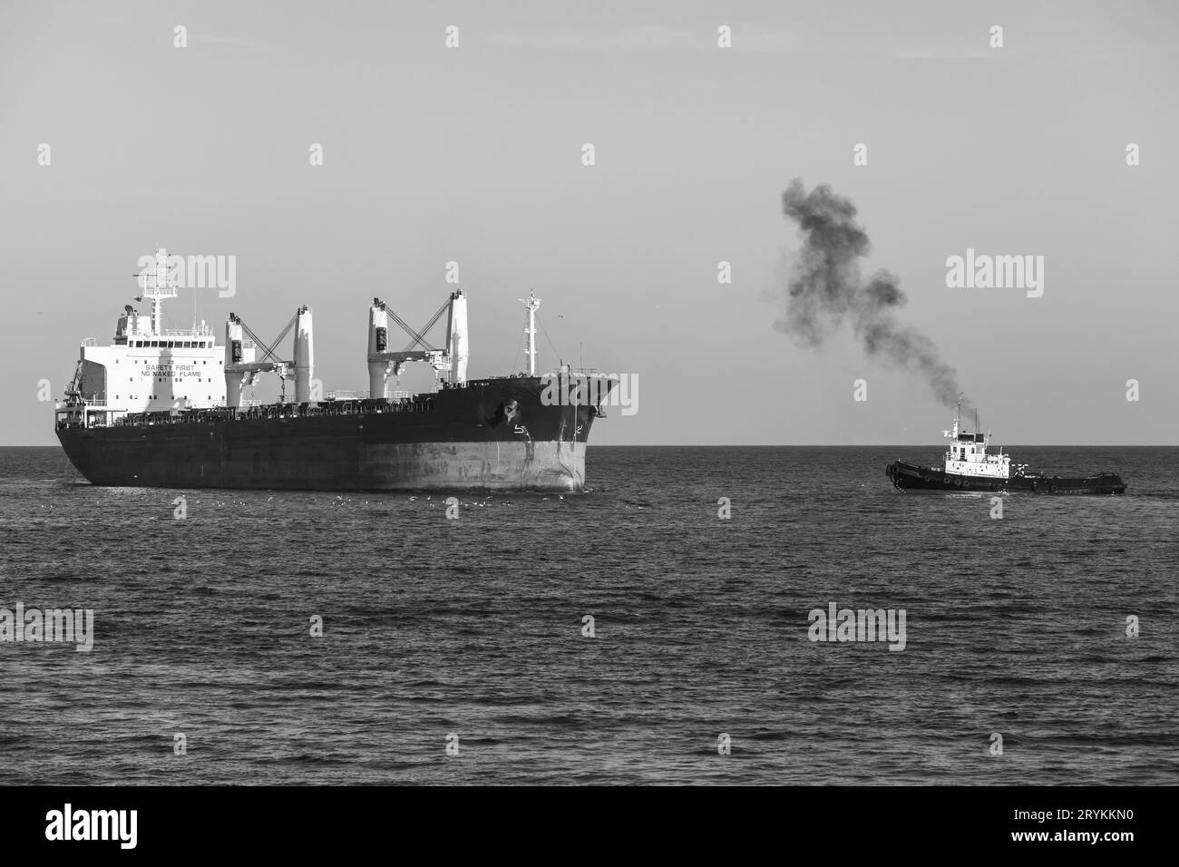Vraquier et remorqueur naviguent sur la mer Noire. Port de Varna, Bulgarie. Photo noir et blanc Banque D'Images