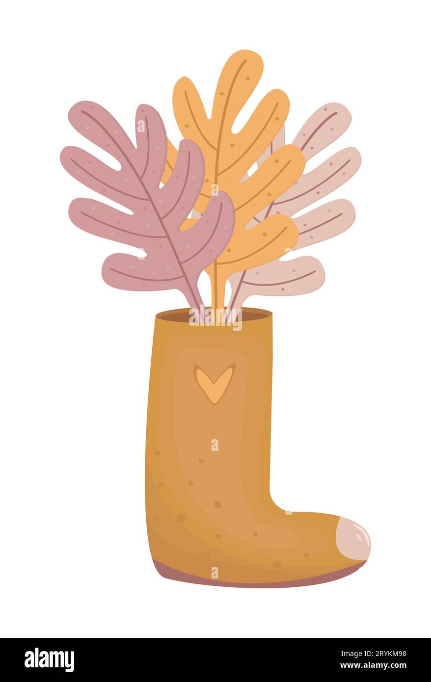 Feuilles d'automne dans une botte en caoutchouc, feuillage d'automne dans les chaussures, illustration atmosphérique vectorielle de couleur dans le style Boho Illustration de Vecteur