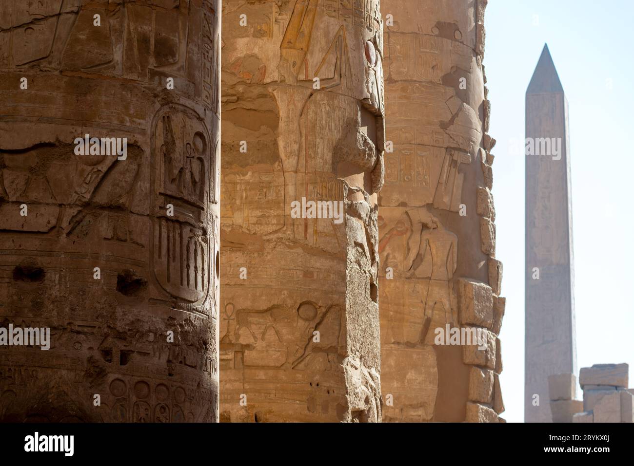 Colonnes couvertes de hiéroglyphes au temple de Karnak, en Égypte Banque D'Images
