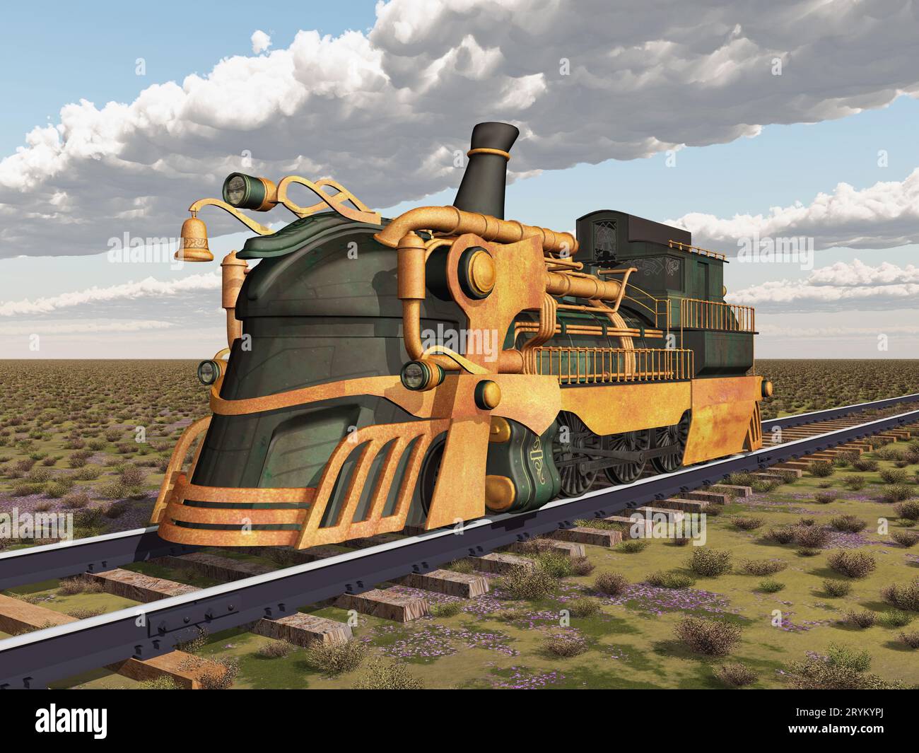 Locomotive de steampunk dans un paysage Banque D'Images