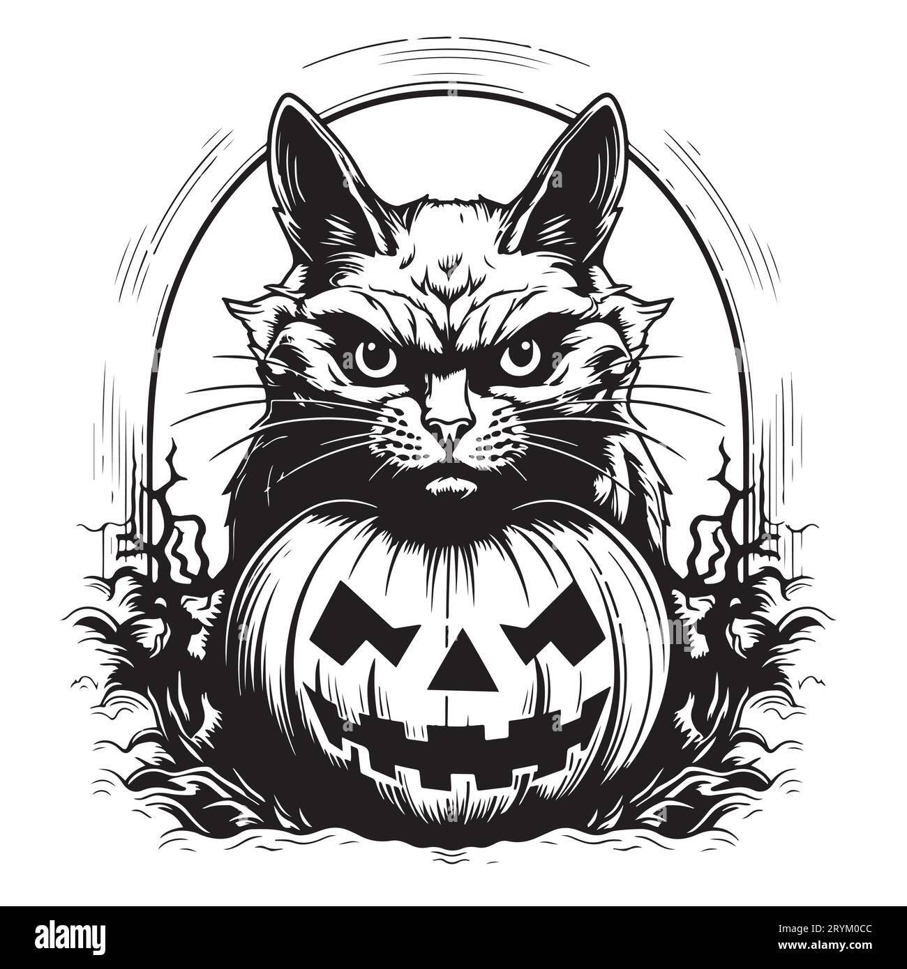Chat en colère avec croquis dessiné à la main de citrouille Halloween Vector Illustration de Vecteur