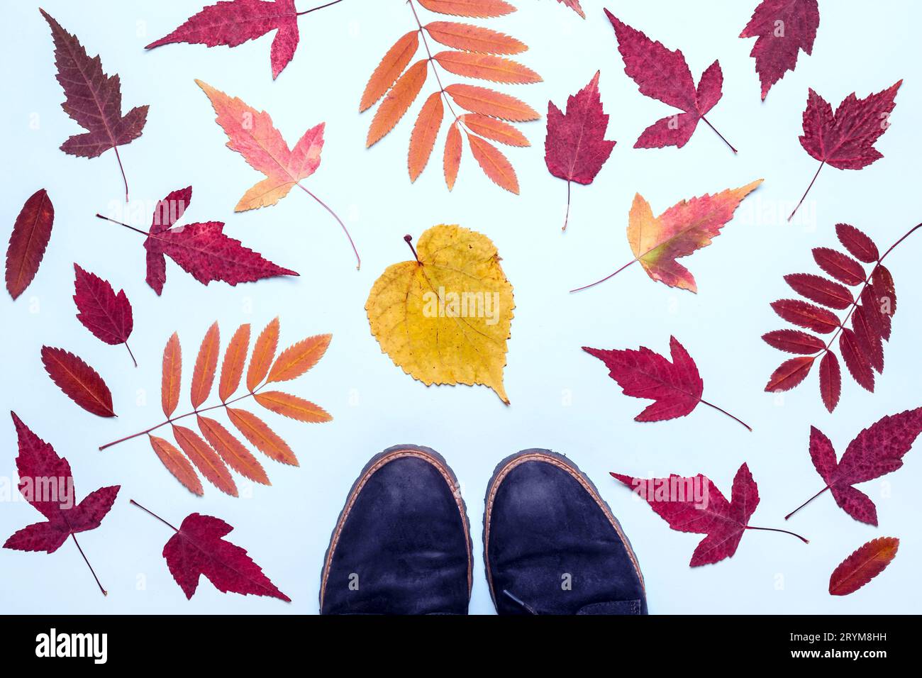 Cadre de feuilles d'automne multicolores et bottes en daim. Bonjour, concept d'automne Banque D'Images