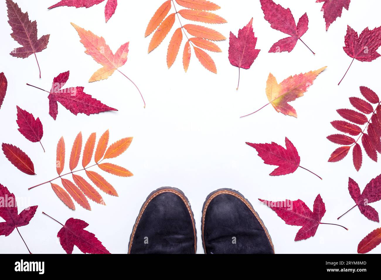 Cadre de feuilles d'automne multicolores et bottes en daim. Bonjour, concept d'automne Banque D'Images