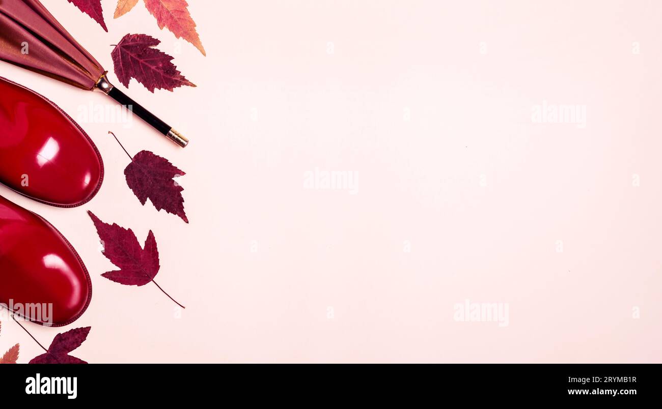 Vêtements féminins accessoires d'automne chaussures et parapluie sur fond de couleur pastel. Beauté et mode Banque D'Images