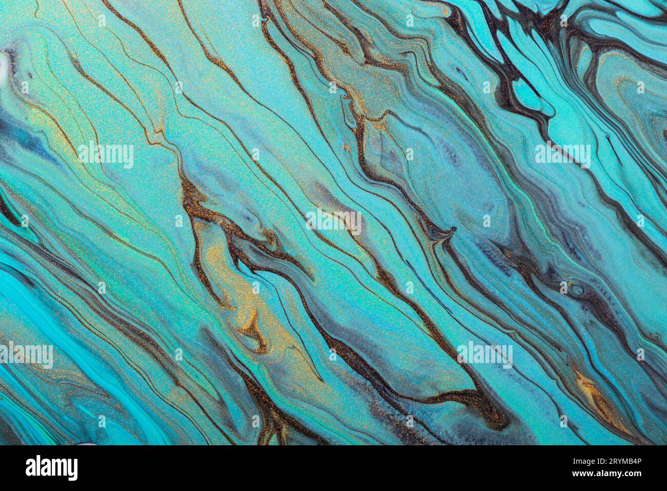 Vagues vertes de menthe diagonales et particules d'or. Fluide Art.. Fond ou texture de marbre abstrait Banque D'Images