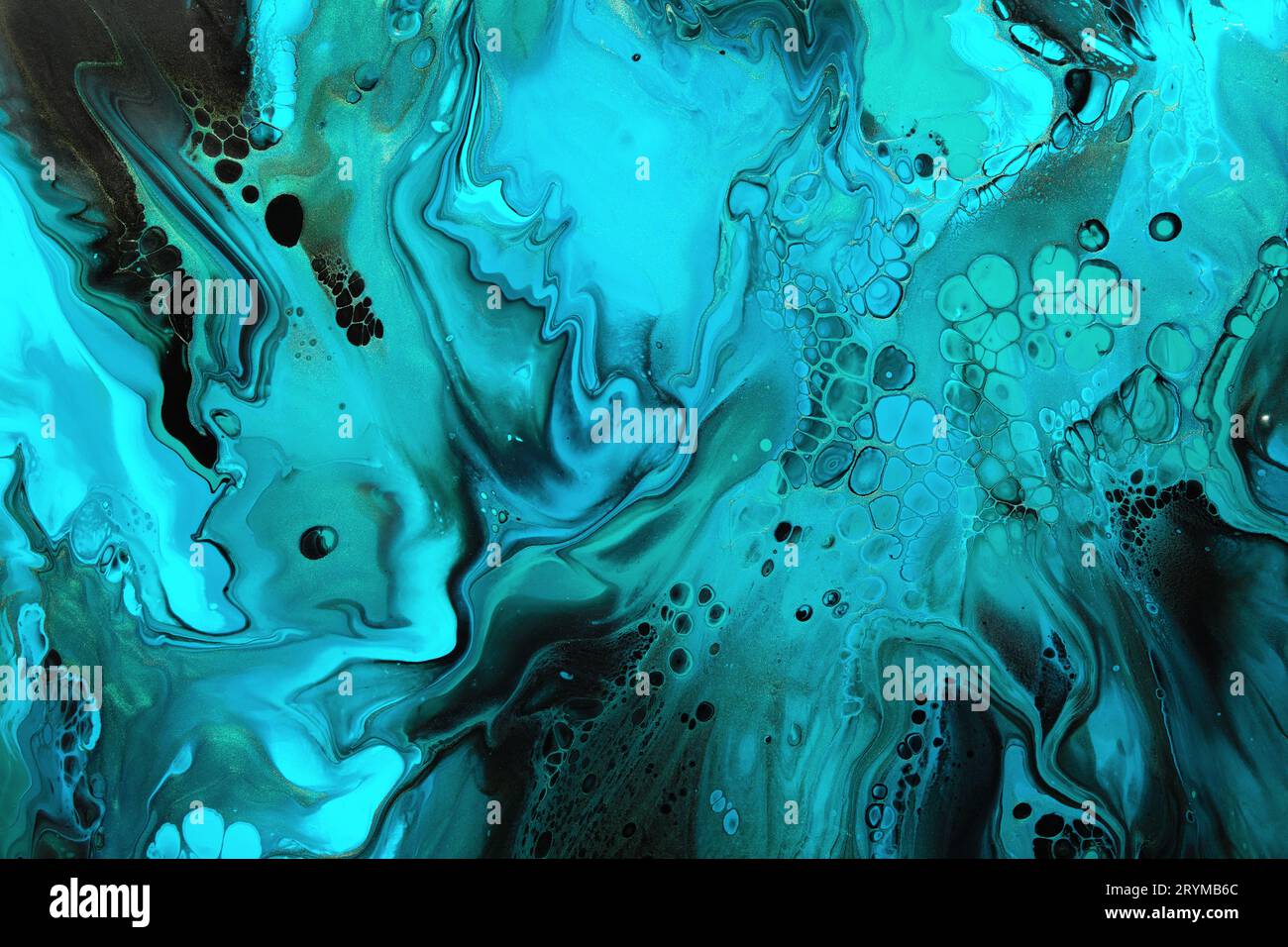 Fluide Art.. Vague abstraite verte et bleue tourbillonne sur fond noir. Fond ou texture effet marbre Banque D'Images