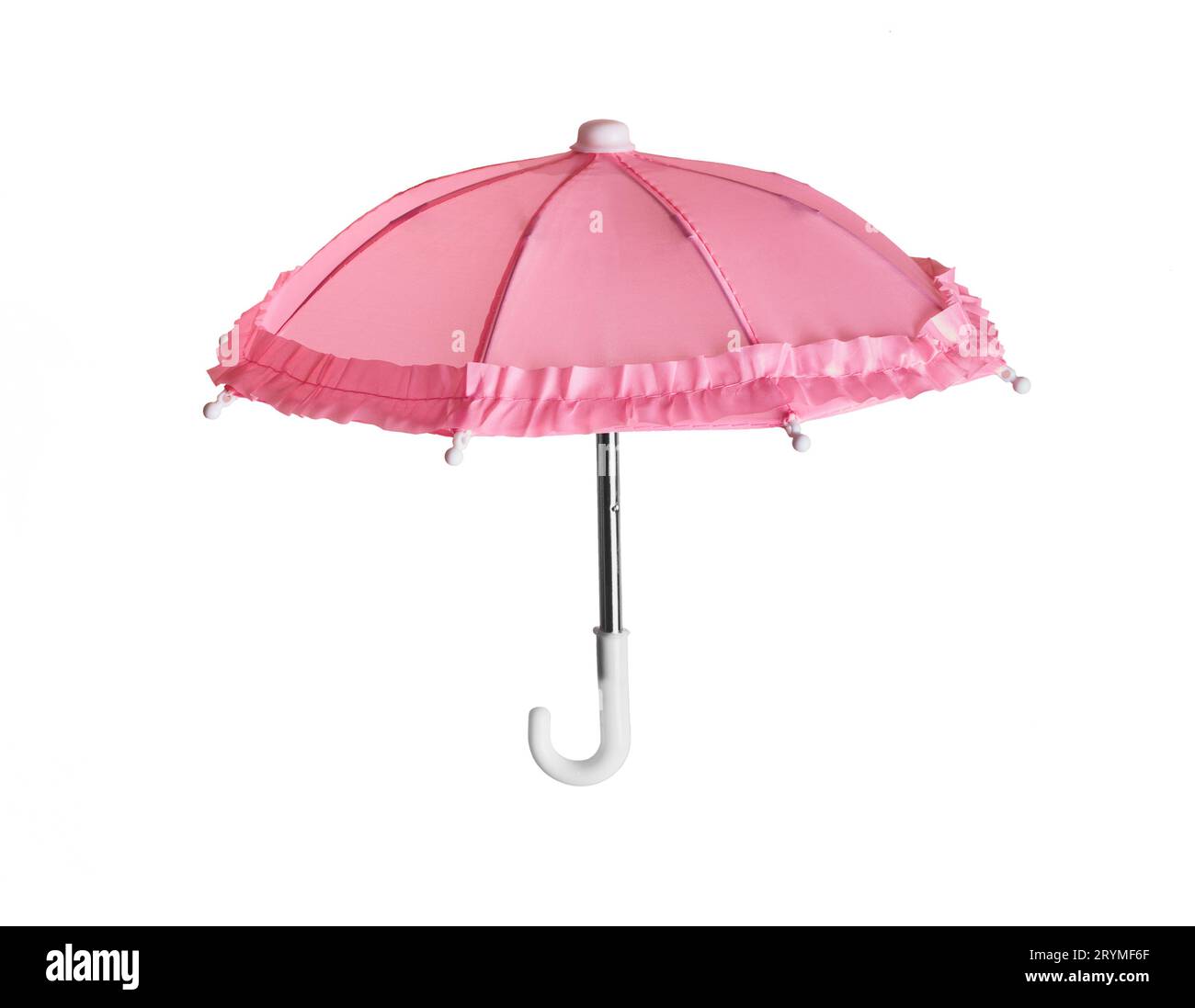 Parapluie romantique jouet rose avec volants isolé sur fond blanc Banque D'Images