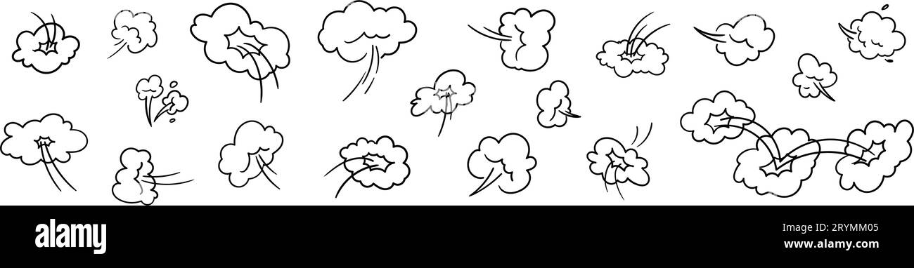 Effets de boom comique nuages de style dessin animé, fumée et lignes de vitesse. mouvement, explosions, franges, effets de bouffées dans la ligne de gribouillage. Illustration vectorielle plate isola Illustration de Vecteur