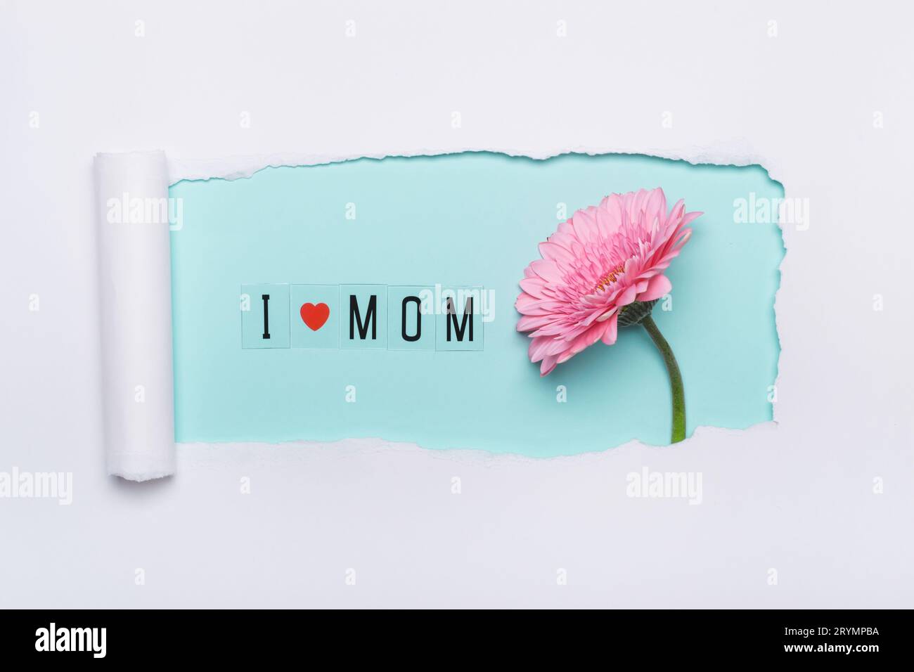 J'adore mom concept. Mise en page créative faite de texte J'aime maman et fleur rose sur fond bleu. Art de papier de trou déchiré simple Banque D'Images