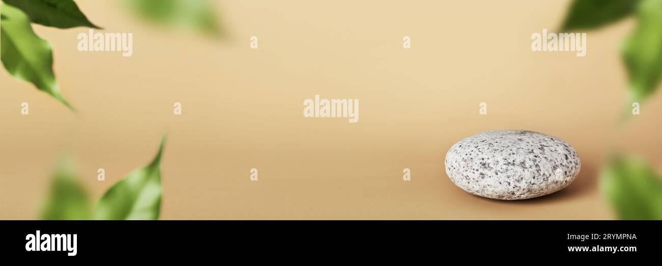 Podium en galets de pierre dans le cadre des feuilles floues. Affichage pour la présentation de produits naturels, format bannière Banque D'Images