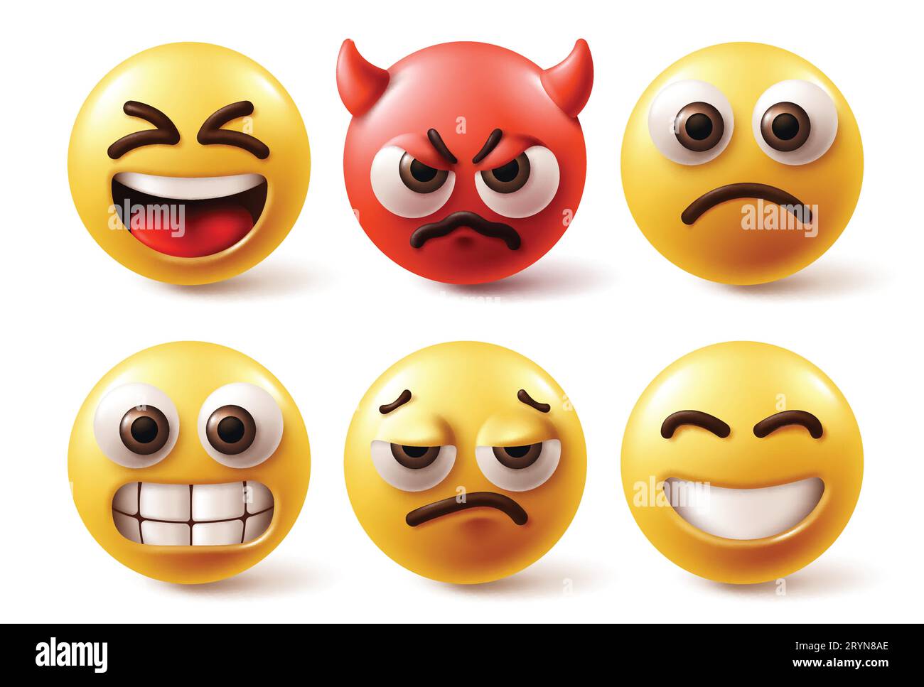 Jeu de vecteurs d'émoticônes emojis. Personnages emoji en couleur jaune et rouge avec heureux, diable fou, triste, humeur de visage en colère et émotions en fond blanc. Illustration de Vecteur