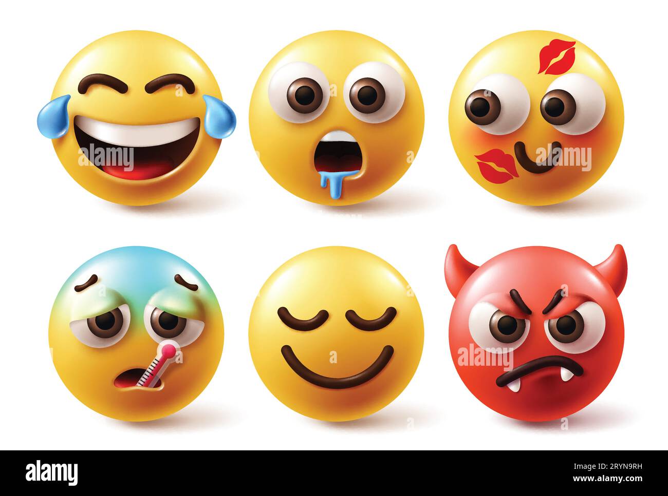Vecteur d'émoticônes emojis. Émoticônes emoji personnages en pleurant, affamé, ennuyé, embrassé, malade et en colère expression faciale en fond blanc. Vecteur Illustration de Vecteur