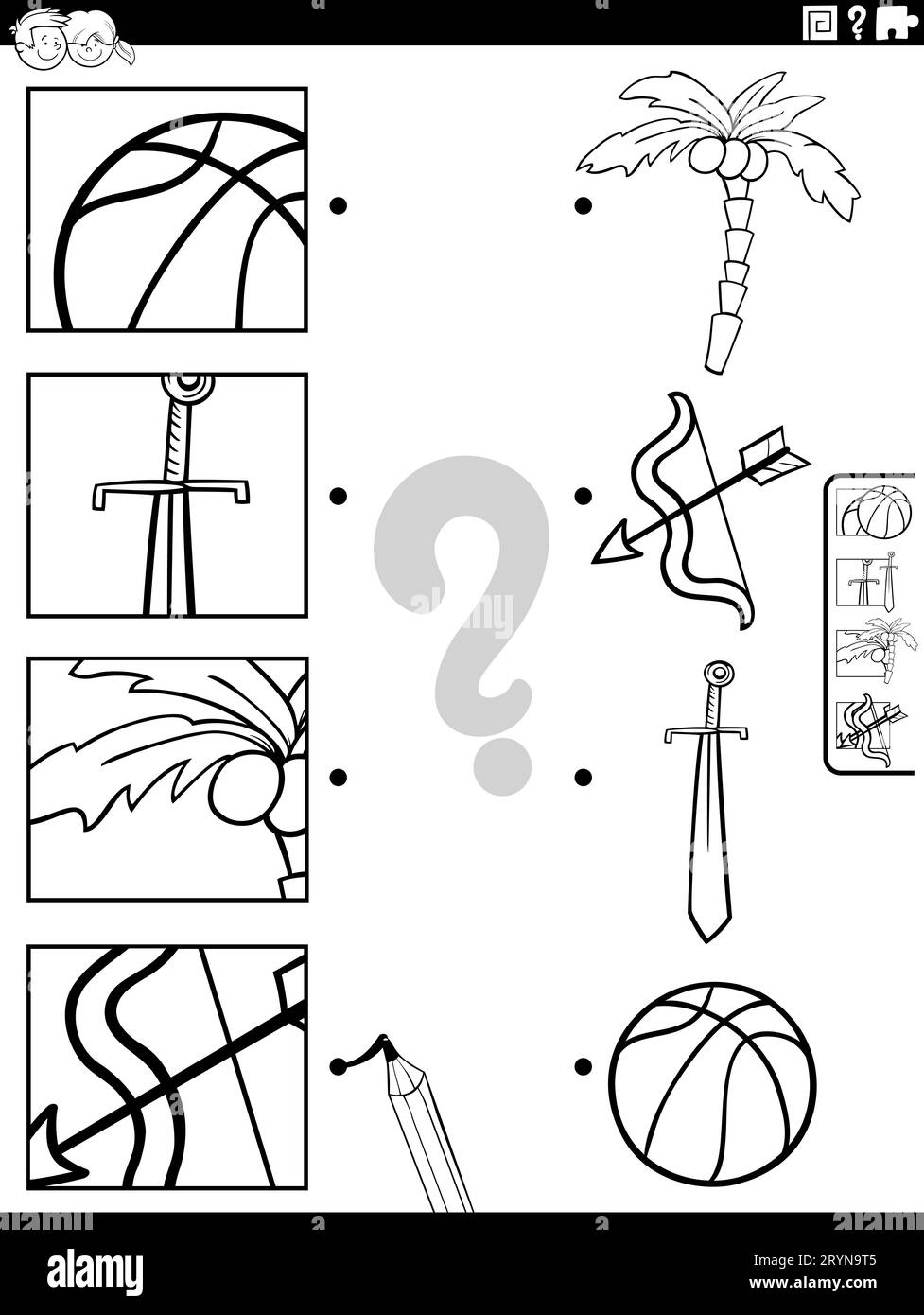 Dessin animé noir et blanc illustration de l'activité éducative correspondante avec des objets et des images coupures page de coloriage Banque D'Images