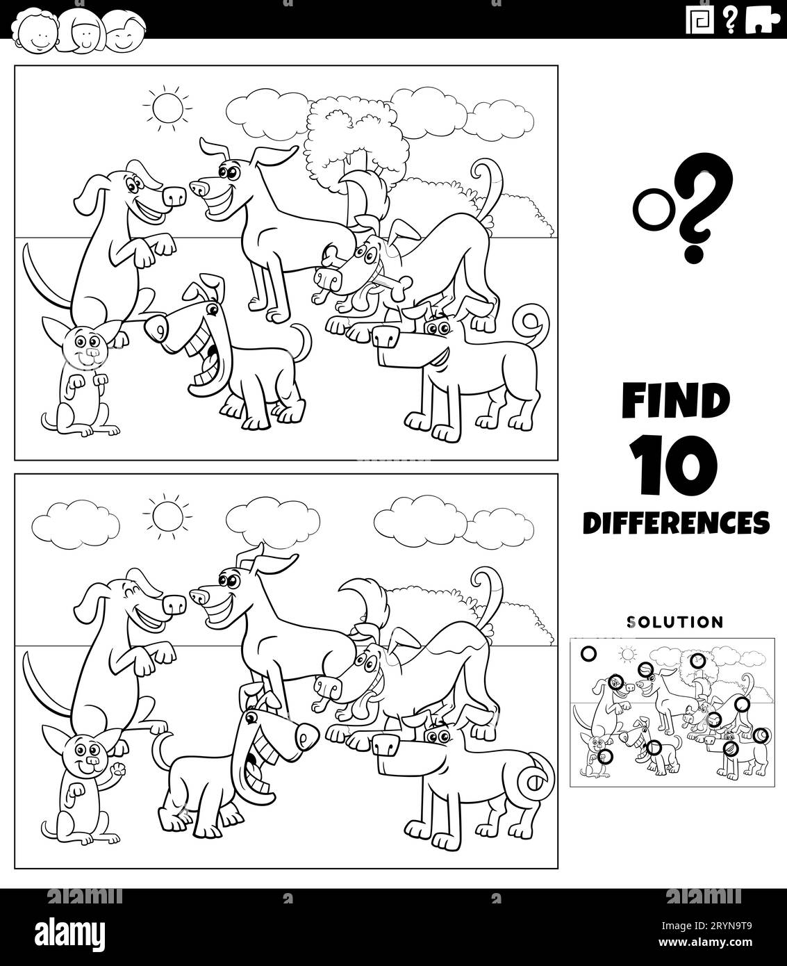 Dessin animé noir et blanc illustration de trouver les différences entre les images jeu éducatif avec chiens groupe de caractères animaux dans le parc colori Banque D'Images