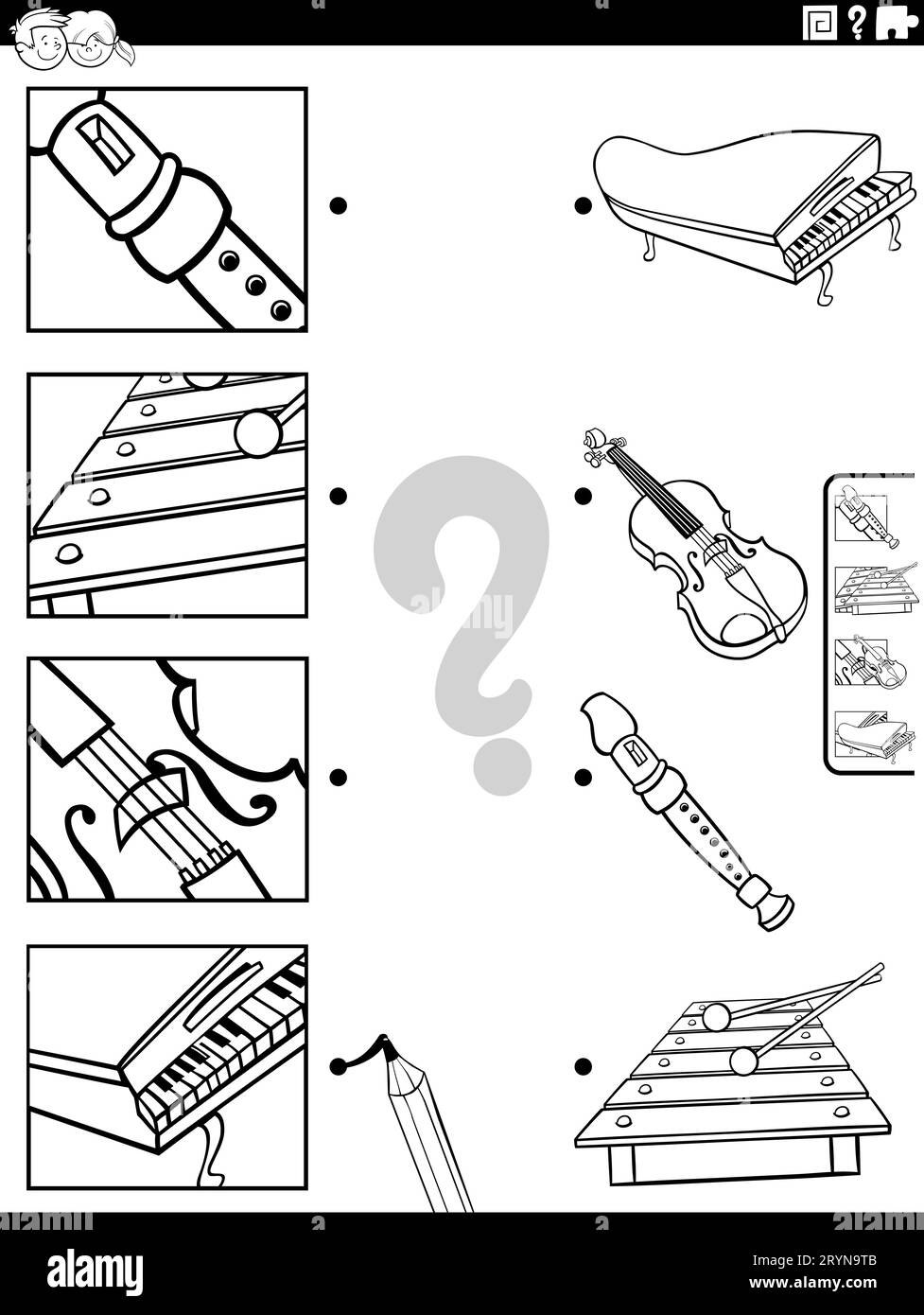 Dessin animé noir et blanc illustration de l'activité éducative correspondante avec des instruments de musique et des images coupures page de coloriage Banque D'Images