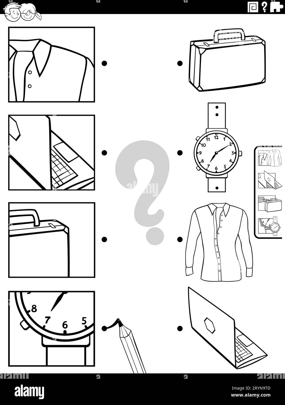 Dessin animé noir et blanc illustration de l'activité éducative correspondante avec des objets et des images coupures page de coloriage Banque D'Images
