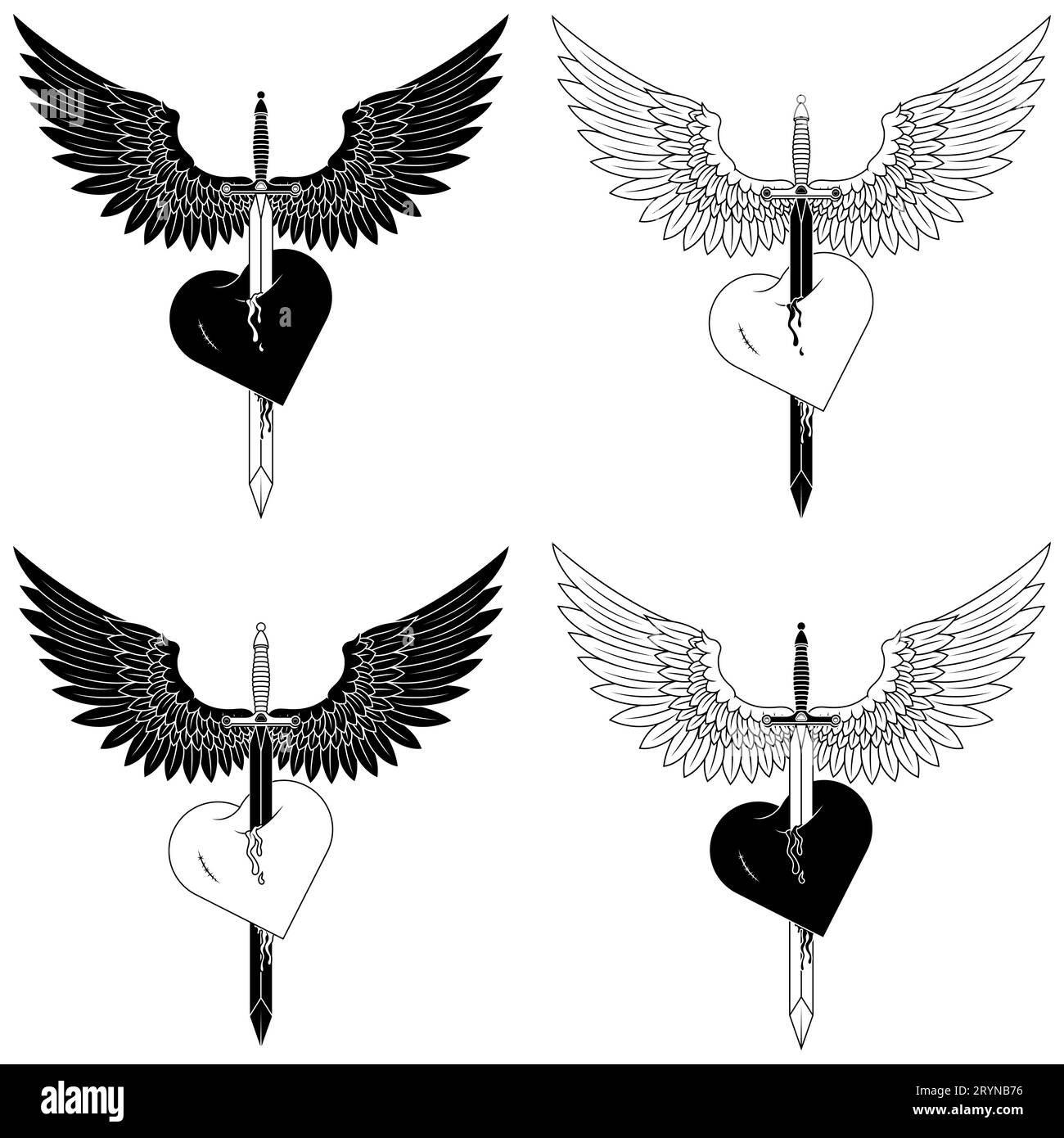 Vector design de l'épée médiévale européenne avec des ailes, épée ailée perçant un cœur comme un symbole de l'amour Illustration de Vecteur