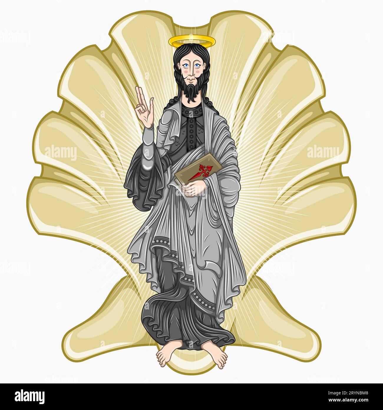 Vector design Saint Jacques l'Apôtre tenant une bible, avec le symbole d'une coquille de mer, art chrétien du Moyen âge Illustration de Vecteur