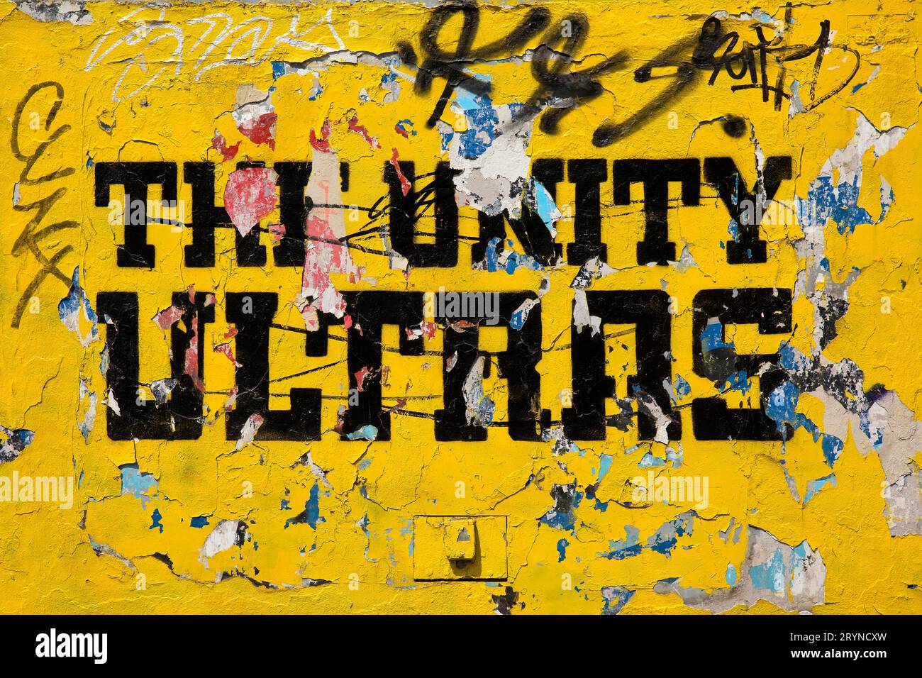 Graffiti des Unity Ultras, le plus grand groupe de fans de Borussia Dortmund, Dortmund, Allemagne, Europe Banque D'Images