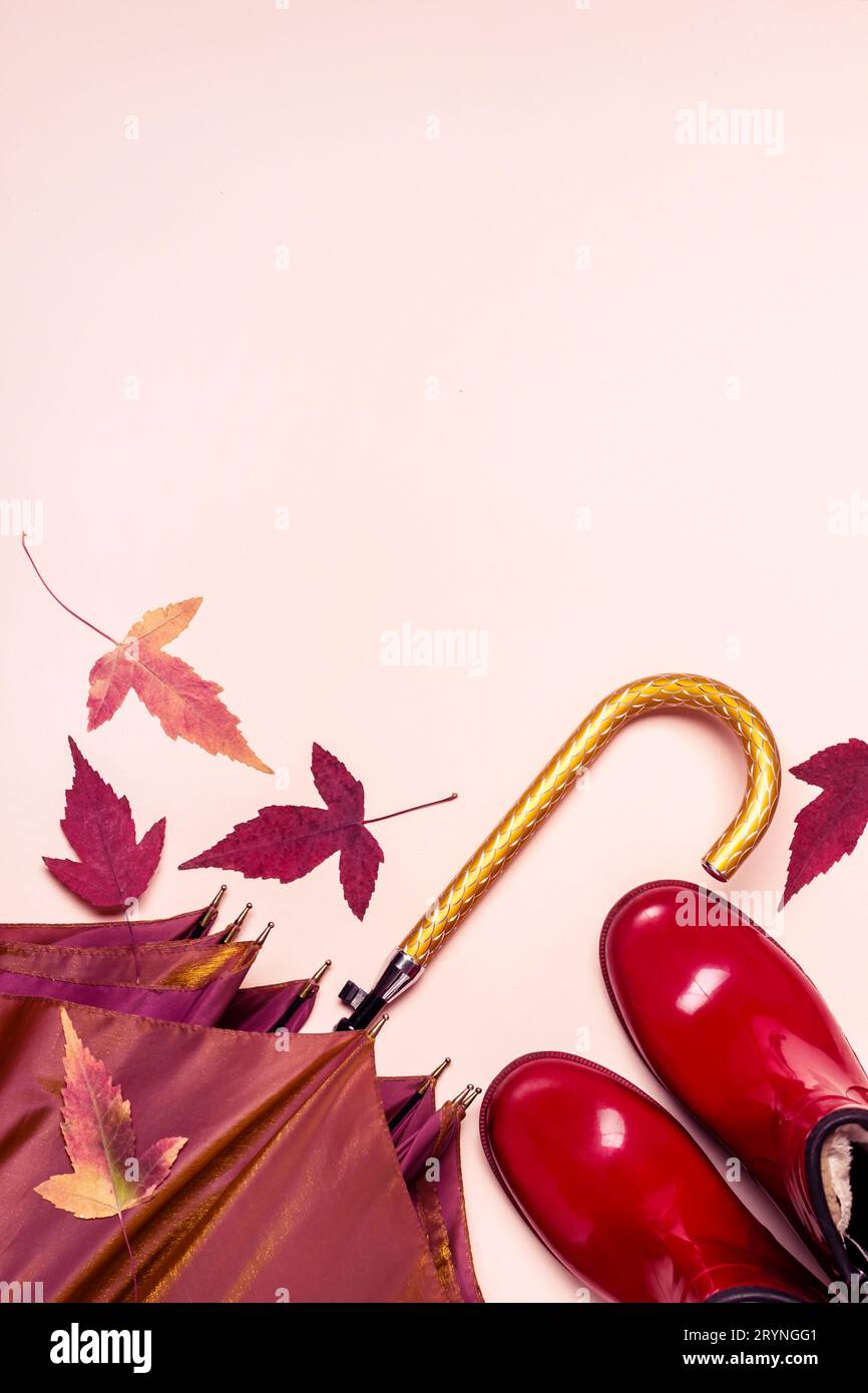 Vêtements féminins accessoires d'automne chaussures et parapluie sur fond de couleur pastel. Beauté et mode Banque D'Images