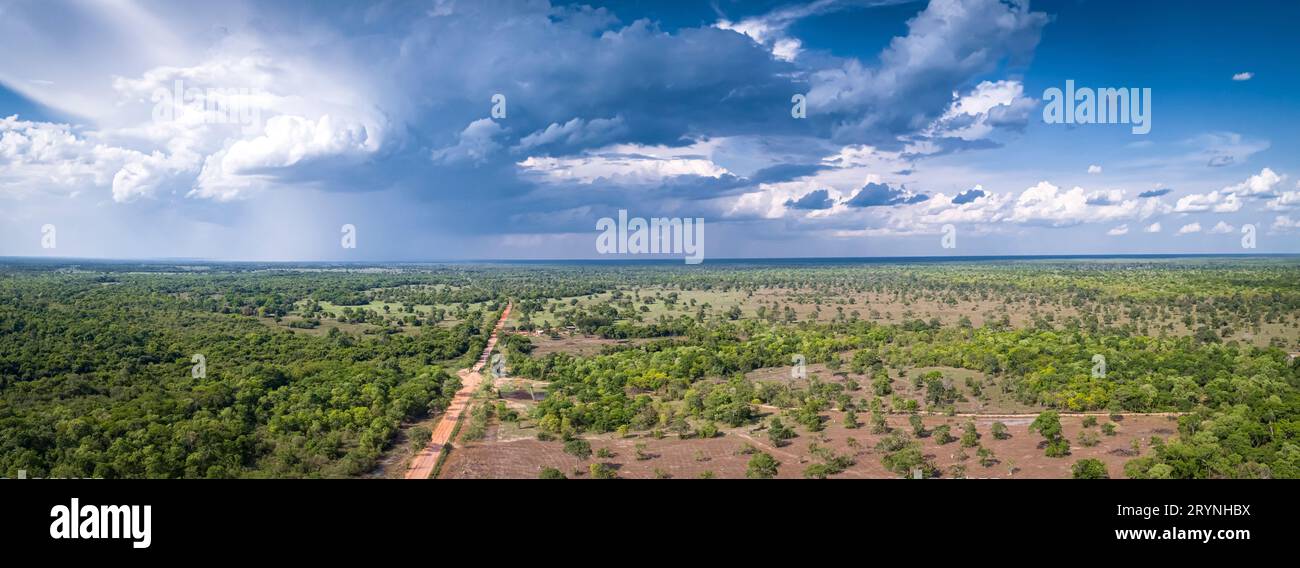 Vue aérienne panoramique panorama de Transpantaneira route de terre avec ciel dramatique et pluie dans la typica Banque D'Images